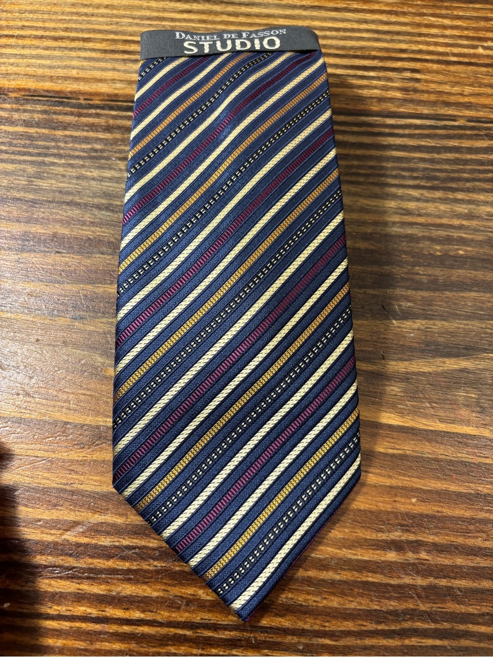 Daniel de Fasson Studio Silk Navy Gold Purple Striped Handmade Fall Necktie